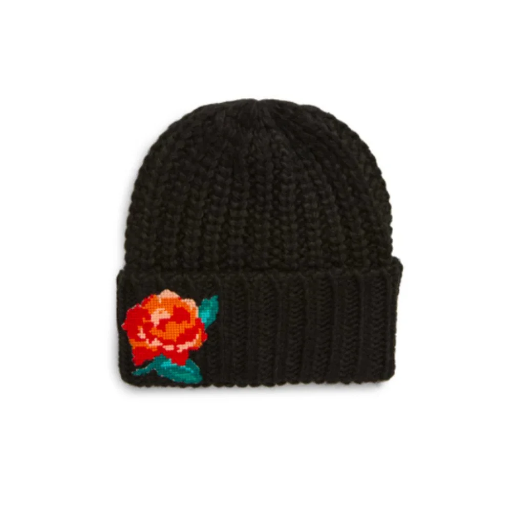 NWT Free People Floral Embroidery Wool Beanie Black - Picture 9 of 10